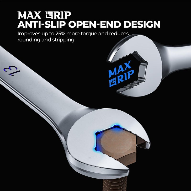 toolant Max Grip 15pcs Professional SAE Combination Wrench Set with Long Pattern Offset Heads Anti-Slip Teeth & Color-Coded Markings for Machinist, Auto, maintenance, DIYer - Image 4